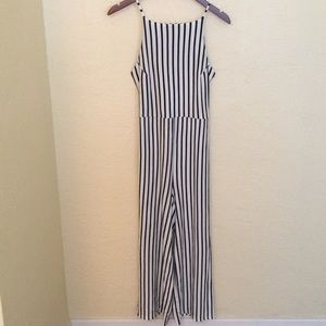 White and blue striped romper